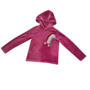 BCBG Girls Pink Plush Hoodie Rainbow Sequins Sweatshirt Size M 10-12